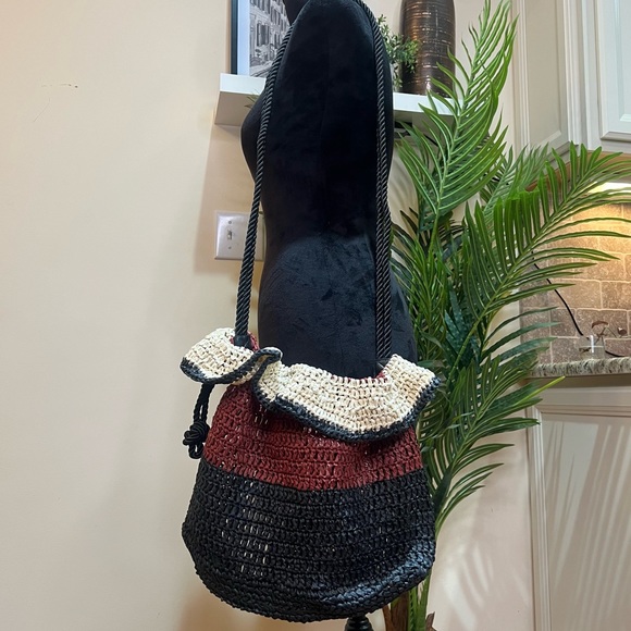 Express Woven Paper Straw Drawstring Three Toned Crossbody Bag - Picture 13 of 16